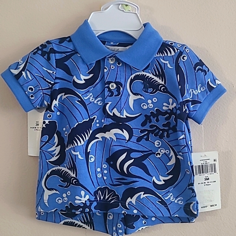 Ralph Lauren Baby Boys Reef Print Cotton Polo Shirt and Shorts Set